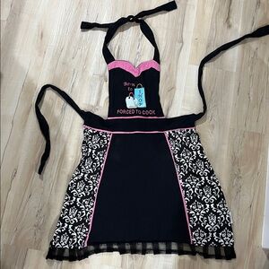 🌸3/$20 Apron Black and Pink Ruffles Born to Shop Forced to Cook - Gift Kitchen